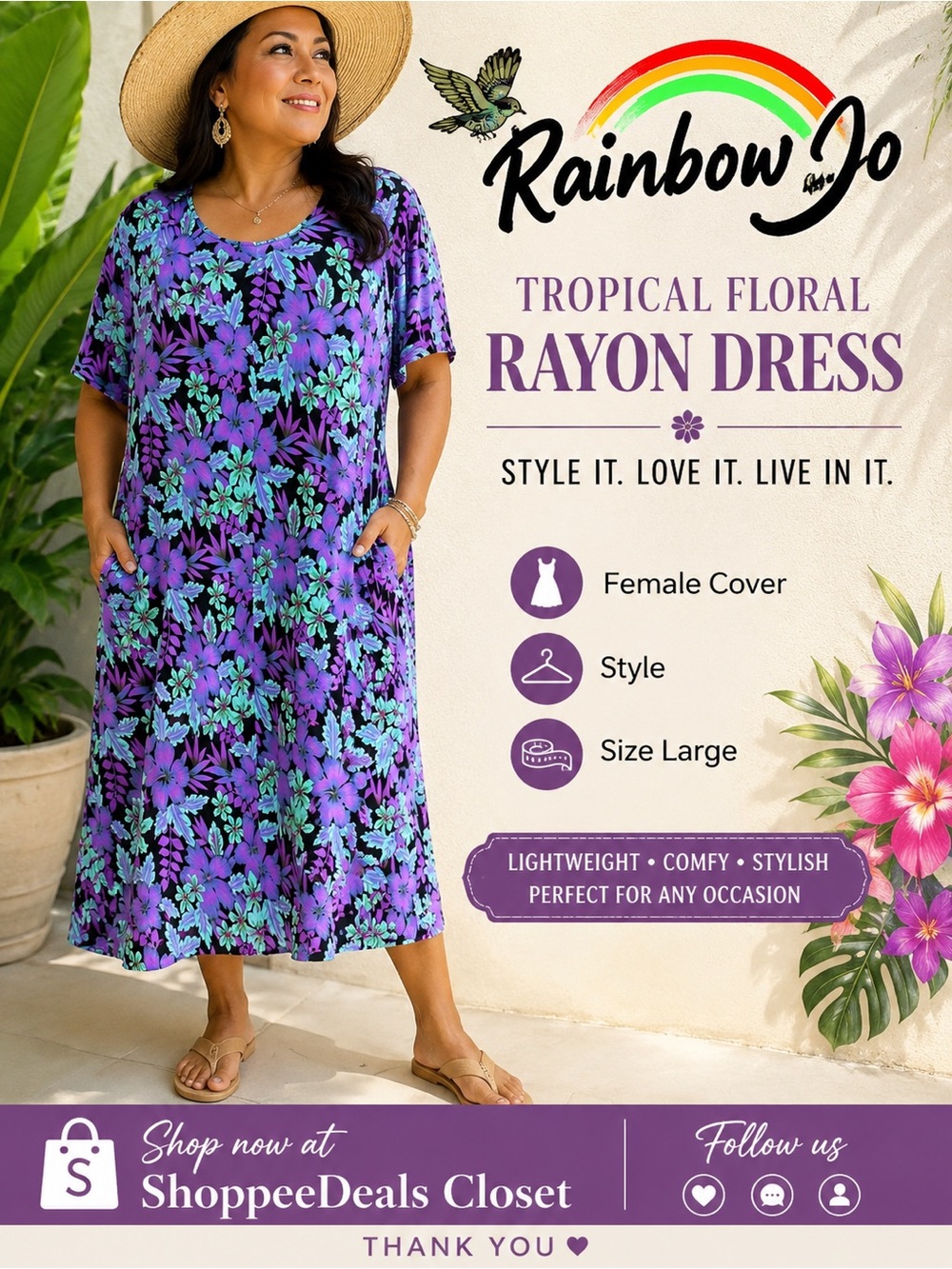 Rainbow Jo Tropical Floral Rayon Dress – Size Large